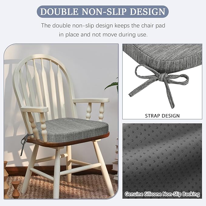 baibu Kitchen Chair Cushions Set of 6, Dual-Layer Patented Design Memory Foam Dining Chair Pads with Ties and Washable Cover, 6 Pack, 17" x 16" x 2", Grey