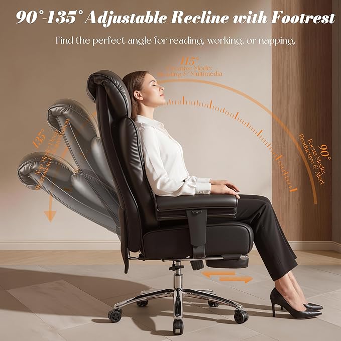 Efomao Big and Tall Office Chair 400 lbs Capacity, Oversized Executive Desk Chair with Footrest, Extra Wide 23" Seat, High Back Ergonomic PU Leather Home Office Chair， Black