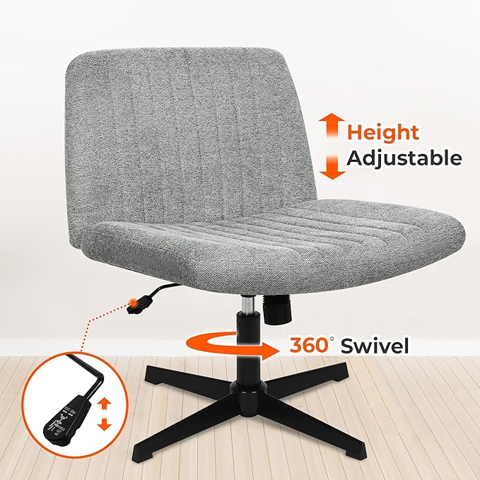 NEO CHAIR Criss Cross Chair No Wheels Armless Cross Legged Office Desk Wide Comfy Vanity Makeup Chair Adjustable Computer Task for Home Office Fabric (Grey)