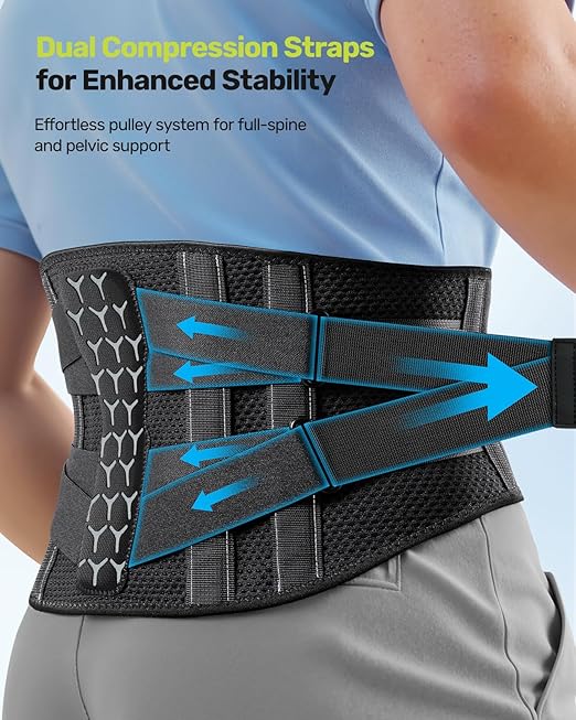 RAKIIE Back Braces for Lower Back Pain, Lumbar Support for Men & Women, Breathable Soft Mesh Fabric and 7 Stays All-round Support, Back Support With Lumbar Support Pad for Home & Lifting at Work, Gray Size L (Waist: 39.4"-45.3")