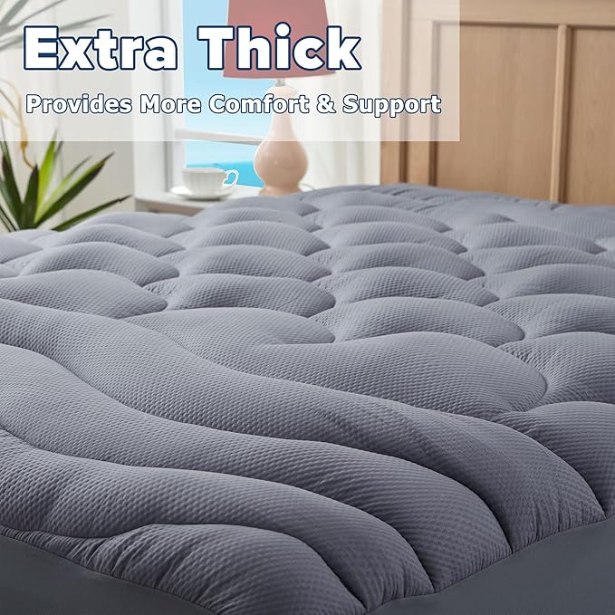 ELVEN HOME Full Size Mattress Pad for Pain Relief, Quilted Fitted Cooling Mattress Topper for Double Bed, Pillow Top Mattress Protector Cover with 8-21" Deep Pocket (54x75 inch, Grey)
