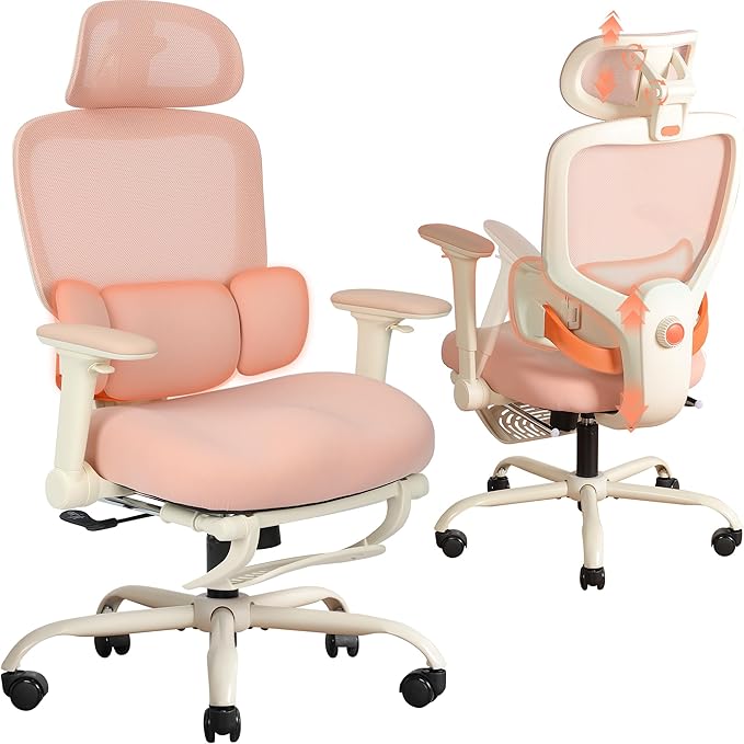 Ergonomic Office Chair with 4D Flip-Up Arms & Footrest, Mesh Desk Gaming Chair with 3D Headrest & 2D Floating Wing Lumbar Support, High Back Computer Chair for Home Office Vanity, Pink