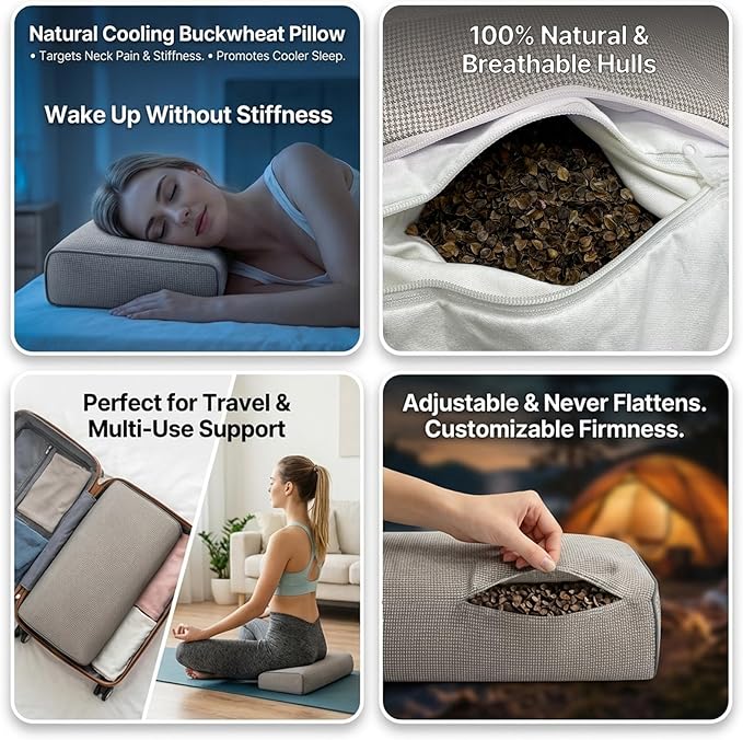 Adjustable Buckwheat Hull Pillow for Neck Pain Relief (21x8x4) Natural Cooling Cervical Support Camping Pillow for Side & Back Sleepers with Night Sweats (Coffee)