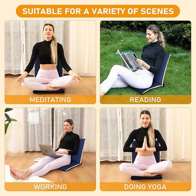 FASTMOMENT 14-Position Adjustable Floor Chair with Back Support - Portable Gound Seating for Adults & Kids, Foldable Meditation Chair with Japanese KOYO Bearings & Washable Linen Cover (Blue)