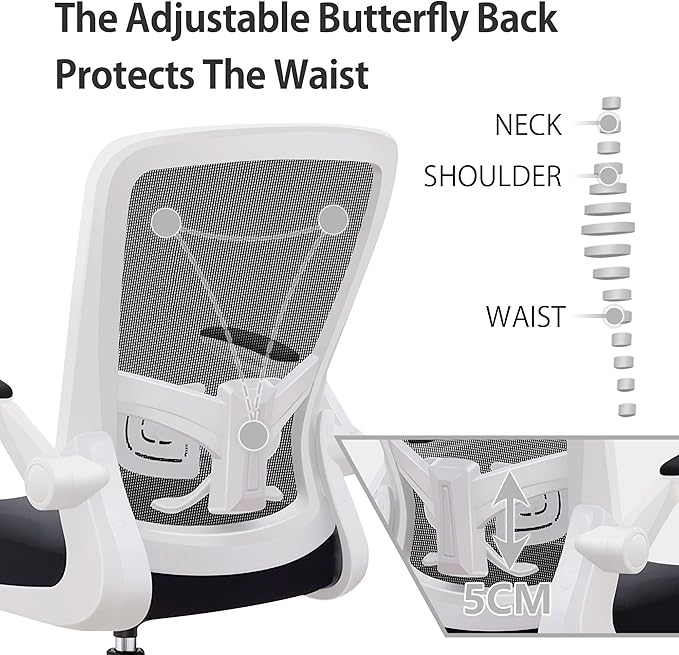 Ergonomic Office Chair 2026 - Mesh Desk Chair with Flip-up Armrests, Adjustable Height and Lumbar, 360° Swivel Comfortable Computer Chairs for Home, Conference Room, Reception, White and Black