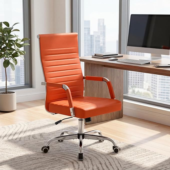 Furmax Ergonomic Office Desk Chair, Executive Ribbed Mid-Back PU Leather Conference Room Chair Adjustable Swivel Chair with Arms (4, Orange)