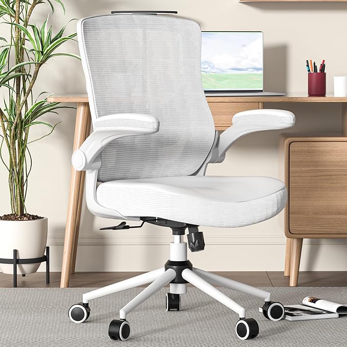Office Chair for Long Hours & Lower Back Pain Relief – 4" Thick Molded Foam Cushion, Padded Lumbar Support and Flip-up Armrests, Ideal for Office or Study, White