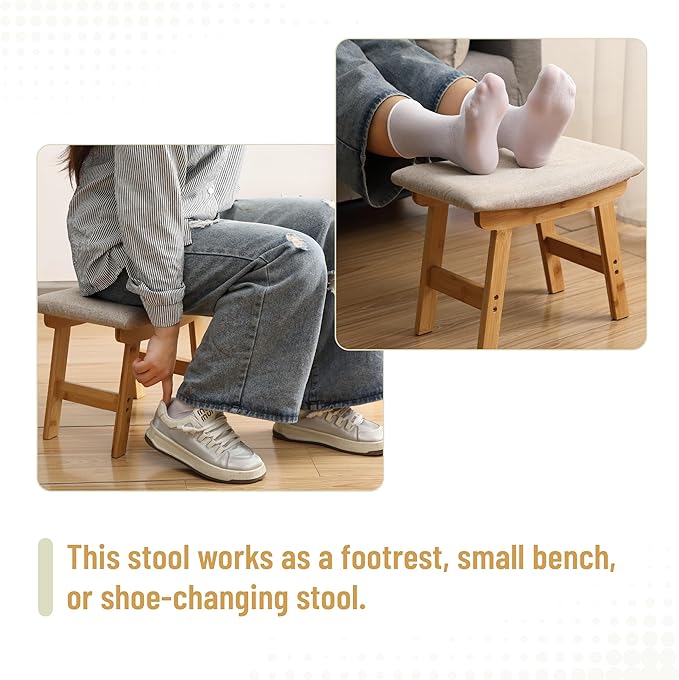 BAMBOO LAND- Bamboo Foot Stools Ottoman, Beige Cushion & Natural Wood Legs, Small Ottoman Foot Rest for Couch