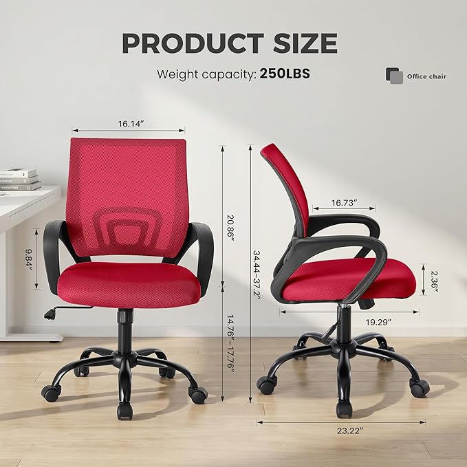 OLIXIS Office Desk Chair - Ergonomic Mid Back with Lumbar Support & Rocking Mode, Height Adjustable with Fixed Armrest, Storage Back for Computer, Gaming, Conference, Meeting Room, 360° Swivel, Red