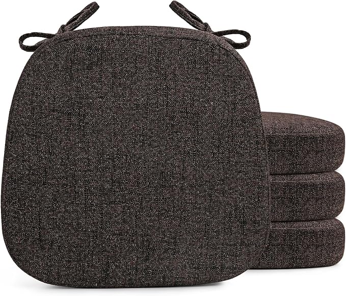 SINOSSO Thickened 2.5" Dining Chair Cushions, Soft Blended High Density Support Foam Kitchen Seat Cushions with Ties, U-Shaped Non-Slip Indoor Chair Pads, 16.5" x 16", 4 PCS, Dark Brown