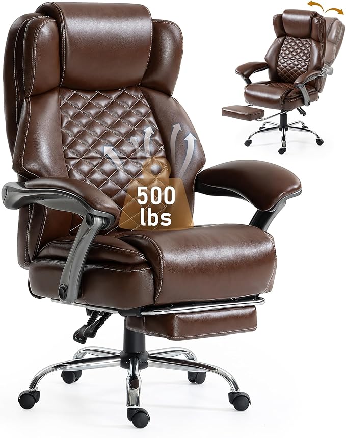 DYHOME 500 lbs Office Chair with Foot Rest, Ergonomic Reclining Big and Tall Office Desk Chair with Lumbar Support & Pocket Spring Cushion, High Back Computer Chair, PU, Thicker Seat Cushion (Brown)