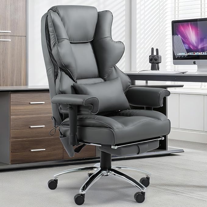 Massage Office Chair with Foot Rest, Ergonomic Executive Heated Office Chair with Reclining Backrest, Adjustable Arms and Lumbar Support, High Back Leather Desk Chairs for Home Office, Gray