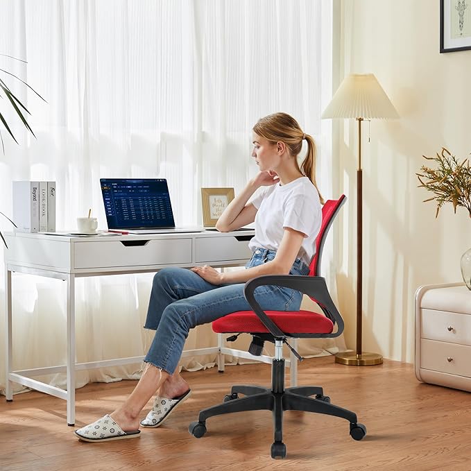 Office Chair,Work Chairs for Home Office,Ergonomic Desk Chair with Lumbar Support,Mesh Office Chair with Arm and Wide Comfortable Seat,Adjustable Rolling Office Chair,Red
