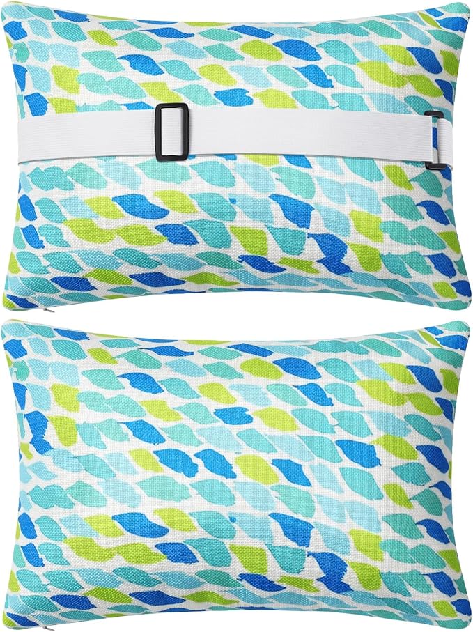 Juexica 2 Pack Chaise Lounge Pillow with Strap Outdoor Waterproof Beach Chair Neck Headrest Pillow Adjustable Elastic Band for Hammock Lumbar Recliner Pillows for Patio Pool Chair(Blue Green Pattern)