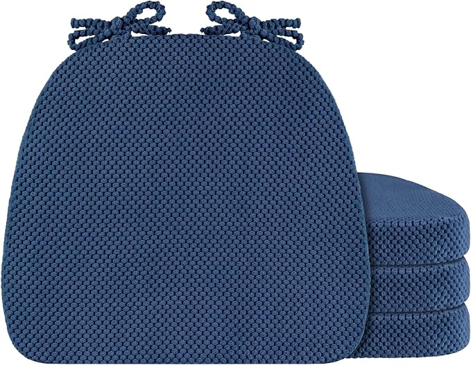 Navy Blue Foam Chair Cushions with Ties Removable Covers, D-Shape Dining Kitchen Chair Seat Pads Non Slip 17"x16" Set of 4