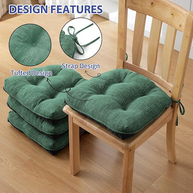 IPYNBAP Chair Cushions for Dining Chairs Set of 6, Kitchen Chair Cushions, Chair Pads with Ties Non Slip Backing, Christmas Room Decor, Tufted Memory Foam Seat Cushion 6 Pack, 15.5x15.5x4, Dark Green