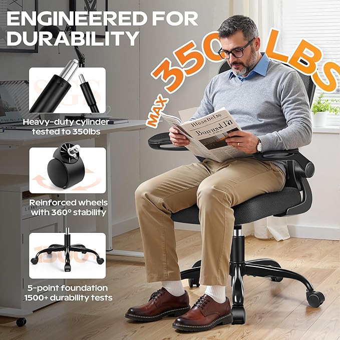 Ergonomic Office Chair 2026 - Mesh Desk Chair with Flip-up Armrests, Adjustable Height and Lumbar, 360° Swivel Comfortable Computer Chairs for Home, Conference Room, Reception, 350lbs, 4 Pack