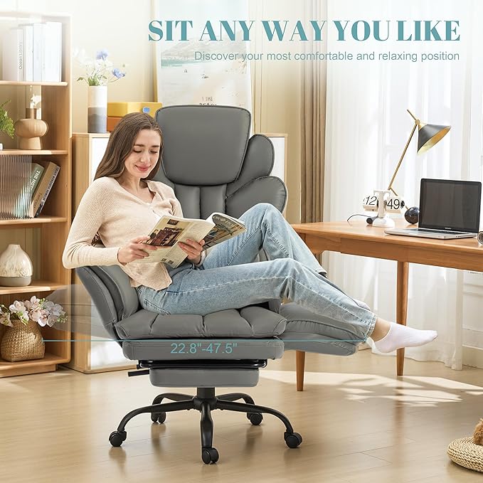 Big and Tall Office Chair, Flip Armrests Criss Cross Office Chair, Reclining Desk Chair with Foot Rest, Adjustable Headrest, Massage Waist Pillow Cross Legged Wide Seat Vanity Chair, PU Leather Grey