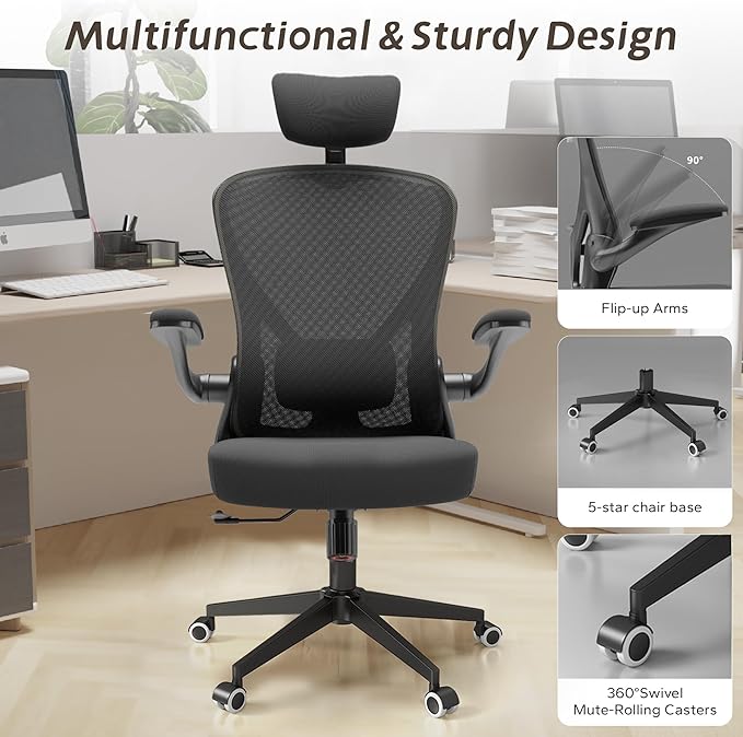 Drafting Chair, Ergonomic Tall Office Chairs for Standing Desk, Home Office Desk Chair with Lumbar Support and Adjustable Flip-up Armrests & footrest (02Black)