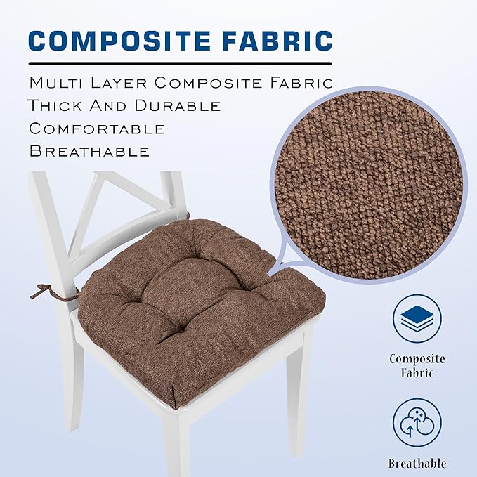 SQUARE MOON D-Shaped 3" Thick Chair Cushions, Chair Pads for Dining Chairs and Kitchen Chairs, Indoor Dining Room Seat Cushions with Ties, Machine Washable, 17" x 16" x 3", 4/Pack, Dark Coffee