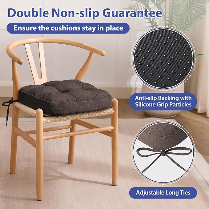 IASEAHK Chair Cushions for Dining Chairs, Dining Chair Cushions, Tufted Indoor Chair Pads with Ties & Non Slip Backing, Seat Cushions for Kitchen Chairs 16.5” x 16.5” x 3.5”, Set of 6, Brown