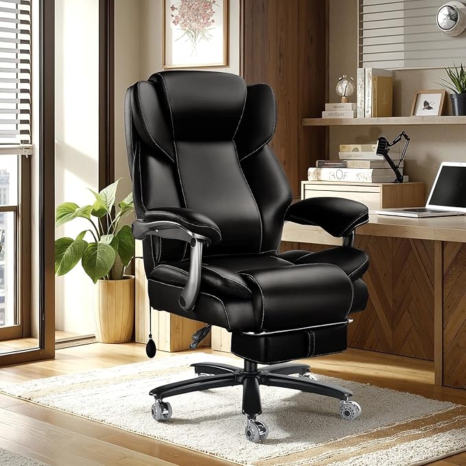 600lbs Big and Tall Office Chair for Heavy People,Heavy Duty Comfy Executive Office Desk Chair with Adjustable Lumbar Support,High Back Reclining PU Leather Computer Chair,Metal Base (Classic, Black)