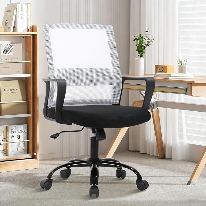 Ergonomic Office Chair, Comfortable Home Desk Chair, Breathable Mesh Back Computer Chair and Lumbar Support, Adjustable Height, Sponge Seat, White