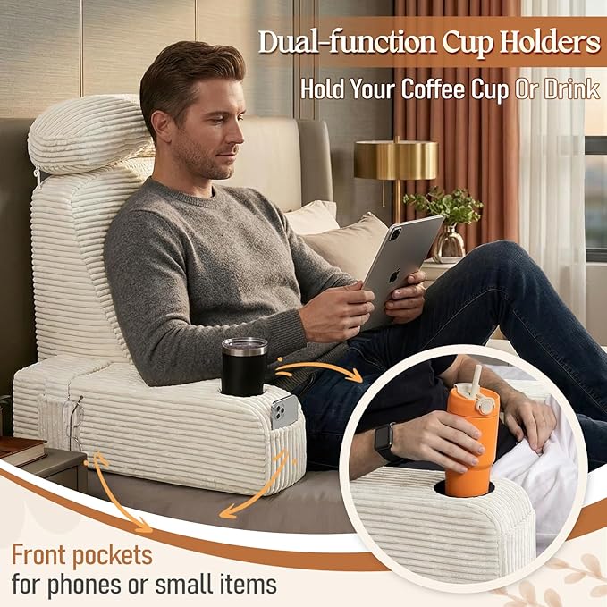 Reading Pillow/Backrest Pillow with Arms, Cup Holder & Phone Pocket - Bed Rest Pillow with Adjustable Headrest, Corduroy Fabric for Back Support in Bed/Sofa/Floor (Off-White, 19 INCH)