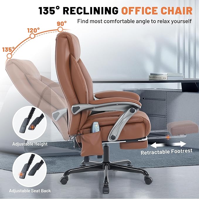 Massage Office Chair with Heat & Foot Rest, 6 Points Vibration, Ergonomic Executive Reclining Desk Chair, PU Leather Padded Seat for Home Office Comfort