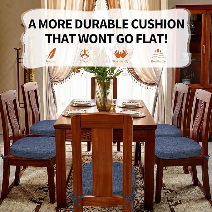 SINOSSO Thickened 2.5" Dining Chair Cushion, Soft Blended High Density Support Foam Kitchen Seat Cushion with Ties, U-Shaped Non-Slip Indoor Chair Pad, 16.5" x 16", 1 PCS, Blue