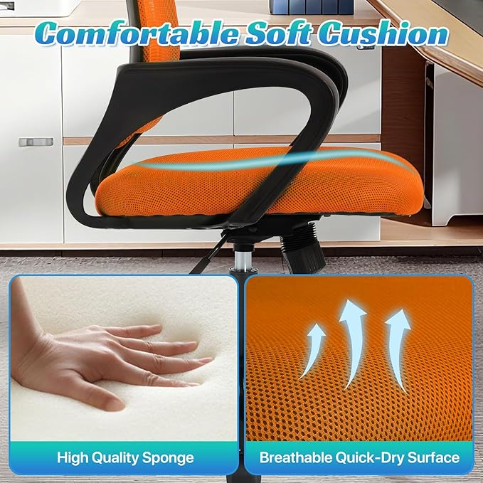 Ergonomic Office Chair Mesh Mid Back with Lumbar Support Armrest, Adjustable Home Desk Chair Comfy Computer Task Drafting Rolling Swivel Chairs for Gaming, Home Work, Study, Orange