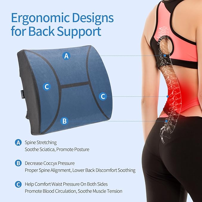 Lumbar Support Pillow for Office Chair - Memory Foam Back Cushion for Chair, Car, Couch - Lumbar Pillow Promotes Better Posture, Back Pain Relief with Adjustable Strap & Non-Slip