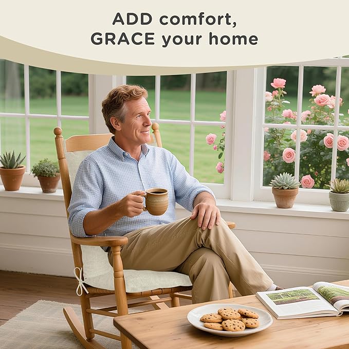 AddGrace Rocking Chair Cushions Indoor Tufted Cushions for Rocking Chairs with Ties Comfortable Textured Fabric Set of Seat & Back Cushion 21x17/17x17 Ivory