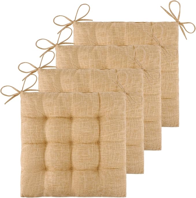 ELFJOY 4 Pack Chair Cushions for Dining Chairs Chair Pads Cushion for Kitchen Office Tufted Textured Square Seat Cushion with Ties (16" Khaki)