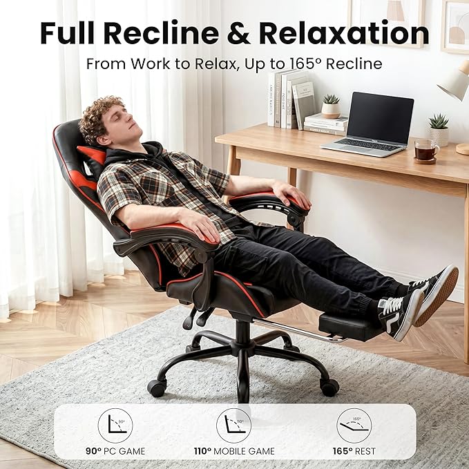Gaming Chair, Ergonomic Computer Chair with Footrest and Lumbar Support, Height Adjustable Office Chair with 360° Swivel Seat and Headrest (Red & Black)