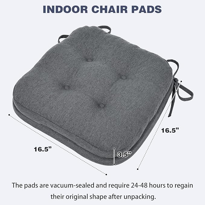 baibu Dining Chair Cushions, Dual-Layer Patent Design Memory Foam Kitchen Chair Cushions, Non-Slip Seat Pads with Ties, 16.5 x 16.5 x 3.5in, 1 Pack, Dark Grey