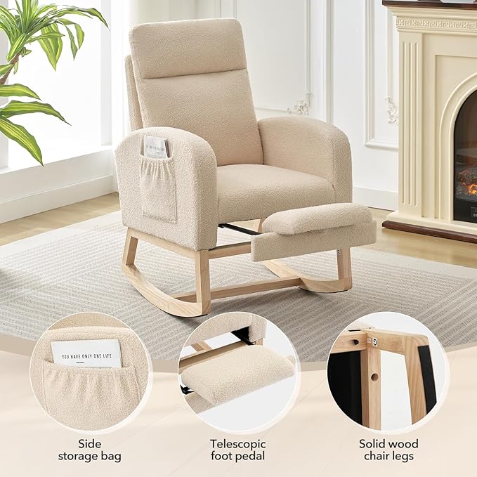 Rocking Chair Nursery, Nursing Rocking Chairs with Foot Rest for Mom Nursery,Rocker Glider Chair with High Backrest for Living Room, Bedroom, Upholstered Lounge Chair with Solid Wood Base for Relaxin
