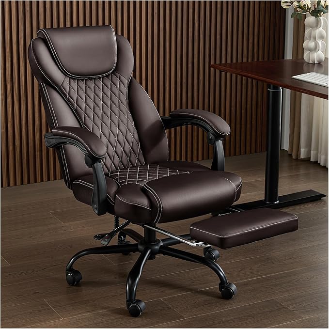 amseatec Office Chair, Big and Tall Office Chair with Foot Rest Ergonomic Desk Chairs Reclining High Back Leather Chairs with Lumbar Support(Brown)