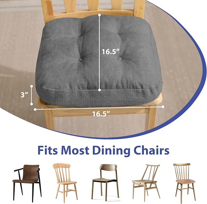 IASEAHK Chair Cushions for Dining Chairs, Dining Chair Cushions, Tufted Indoor Chair Pads with Ties & Non Slip Backing, Seat Cushions for Kitchen Chairs 16.5” x 16.5” x 3.5”, Set of 4, Grey