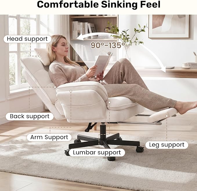 Criss Cross Office Chair with Flip-Up Armrests and Headrest, 135° Reclining Swivel Velvet Criss Cross Chair with Wheels & Foot Rest, Big and Tall Cloud Cross Legged Office Chair for Home, Cream