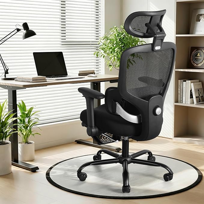 Ergonomic Office Chair with 4D Flip-Up Arms & Footrest, Mesh Desk Gaming Chair with 3D Headrest & 2D Floating Wing Lumbar Support, High Back Computer Chair for Home Office Vanity, Black