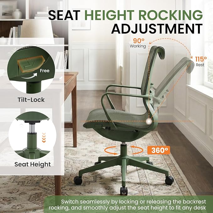 LuxErgo Ergonomic Mesh Office Chair, Mid Back Desk Chair with Lumbar Support & Armrests, Height Adjustable, 115° Recline, 360° Swivel Rolling Task Chairs for Home Office, Green
