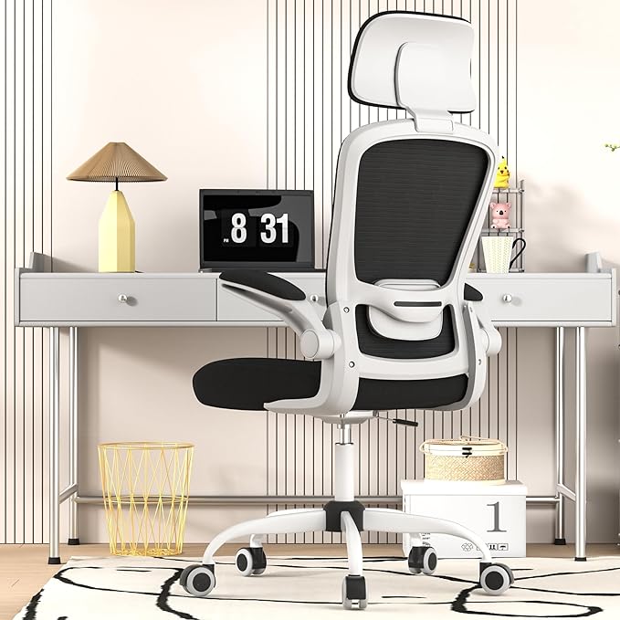 Ergonomic Office Chair for Long Hours Sitting – Back & Neck Pain Relief, Adjustable Lumbar Support & Headrest, High-Density Foam Seat, Ideal for Work & Home Office, Black/White