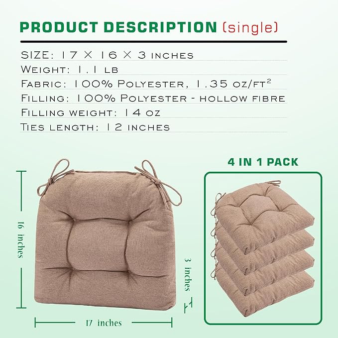SQUARE MOON Chair Cushions for Dining Chairs, 3 Inch Thick Comfortable Kitchen Chair Pads, Dining Room Seat Cushions with Ties, Machine Washable, 17" x 16" x 3", 4/Pack, Light Coffee