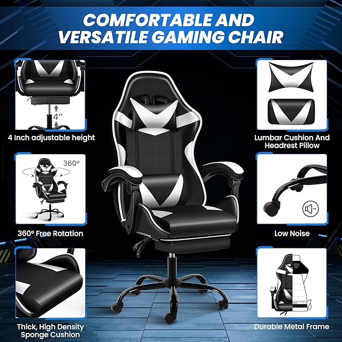 Gaming Chair, Ergonomic Computer Chair with Footrest and Lumbar Support, Height Adjustable Office Chair with 360° Swivel Seat and Headrest