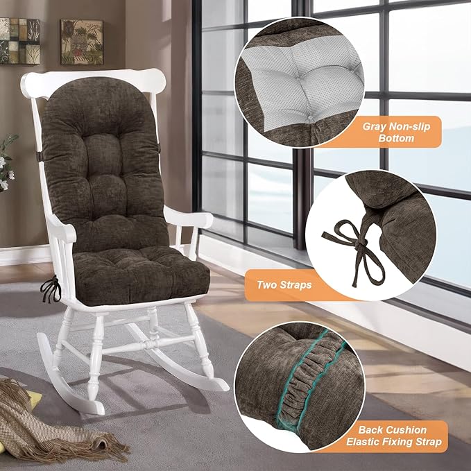 Rocking Chair Cushion - Chenille Fabric, High-Density Sponge, Durable Comfort Non-Slip Bottom Tufted Seat Pads with Ties, Chenille︱Dark Brown, 44x19x4 inch