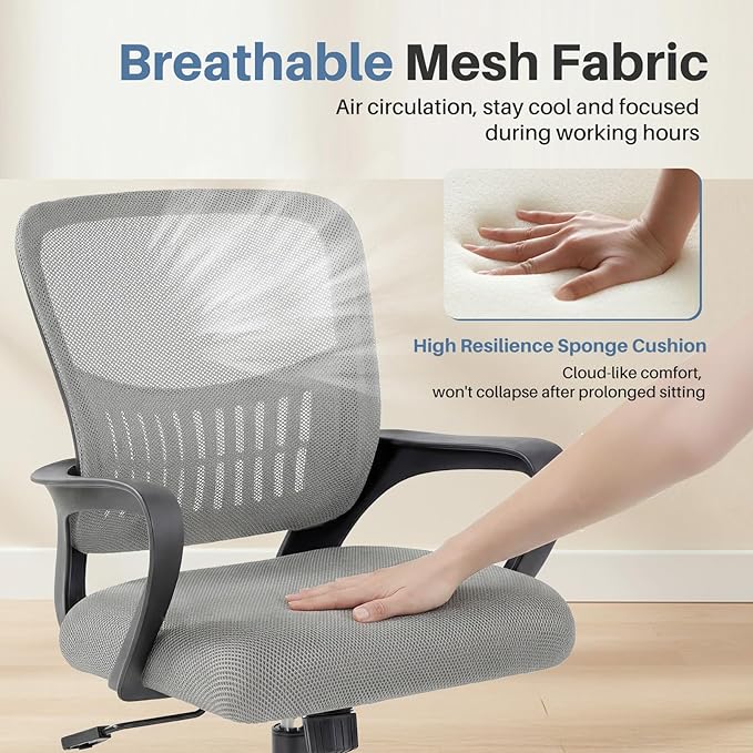 DUMOS Home Office Chair - Ergonomic Mid Back Mesh Desk Chair with Lumbar Support & Rocking Mode, Height Adjustable, Fixed Armrest, for Conference, Computer, 360° Swivel, Adults, Grey
