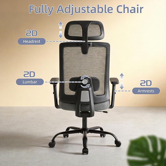 Ergonomic Mesh Office Chair with Headrest, Comfortable Desk Chair for Long Sitting, Breathable Computer Chair with Flip-Up Arms, Adjustable Swivel Chair for Home Office Work Study, Grey