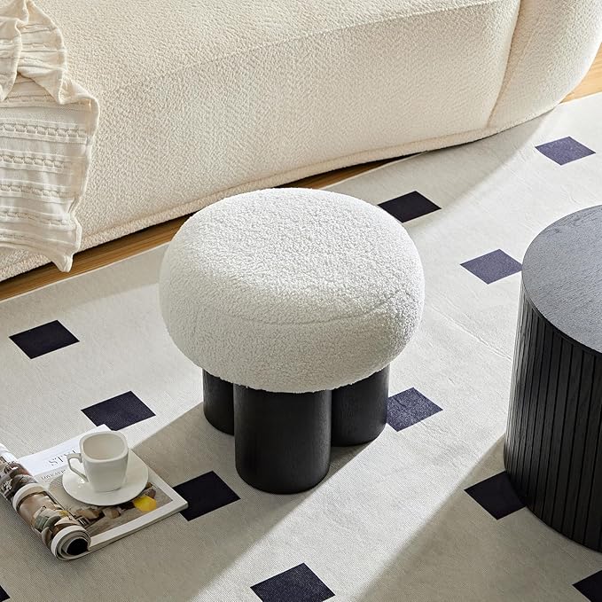 Round Foot Stool, Small Mushroom Ottoman Pouf Footstools Modern Boucle Ottoman Footrest Under Desk, Teddy Foot Rest for Couch Sofa Comfy Floor Step Stool for Living Room,Bedroom,Office(White)