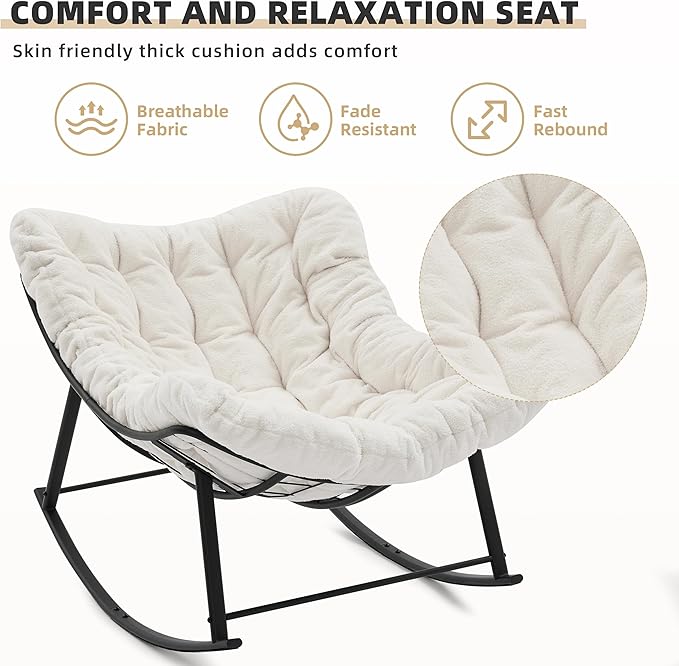 Oversized Rocking Chair Indoor, Papasan Rocking Chair Outdoor, Lounge Chair with Cushion, Patio Egg Rocker Chairs, Comfy Reading Chairs for Bedroom, Living Room, Garden, Lawn, White